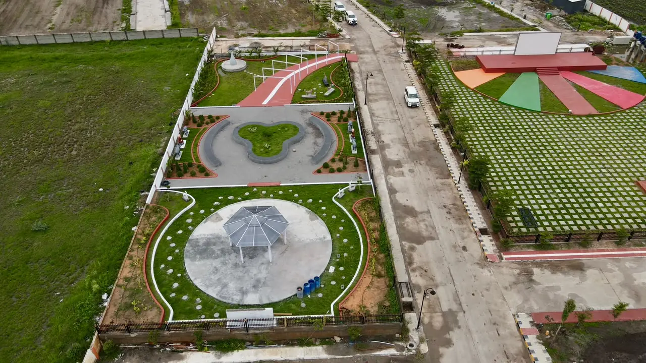 Aerial view of community amenities at Subhaga residential plots